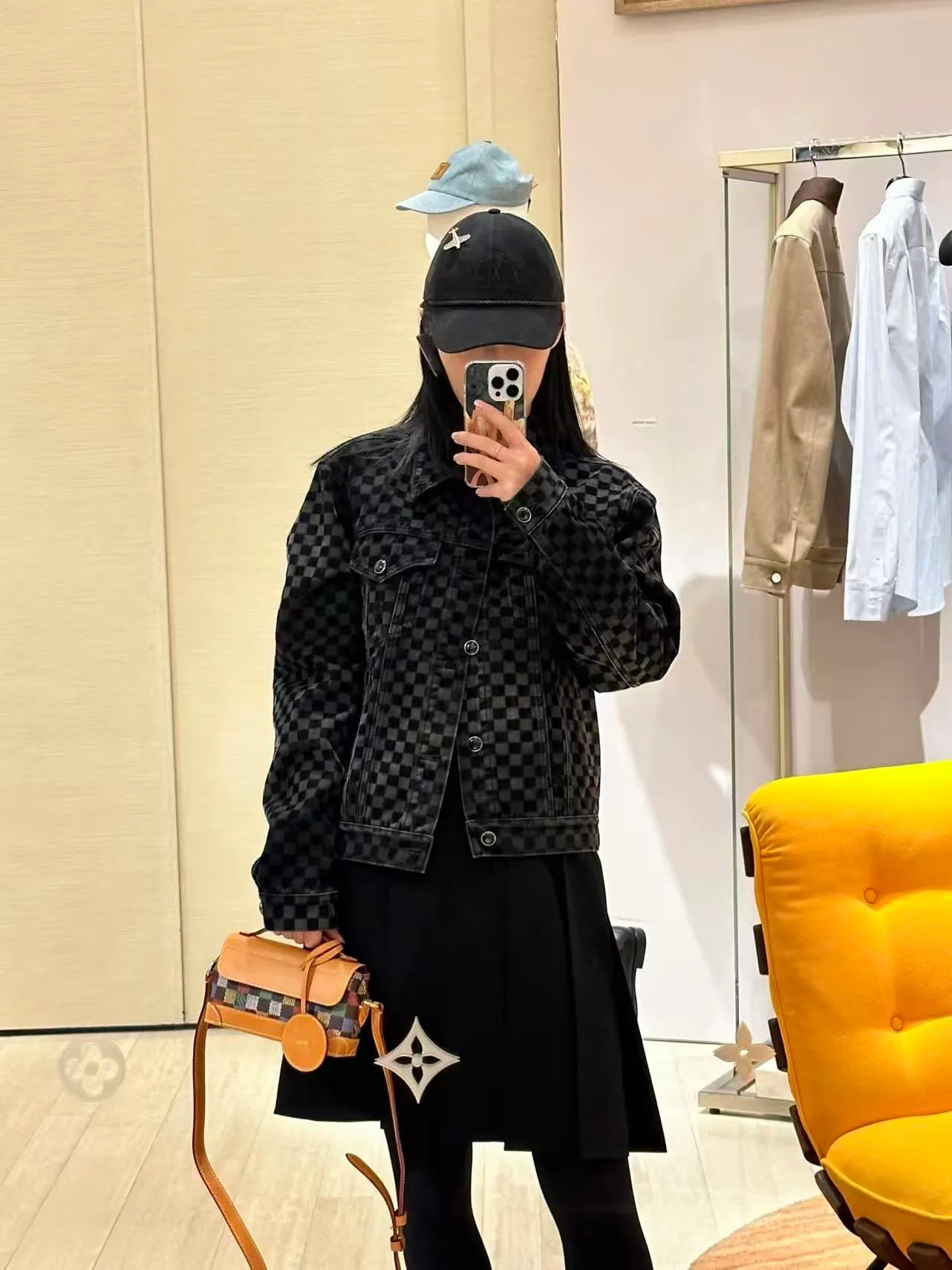 Louis Vuitton/Louis Vuitton Mosaic Flocked Checkered Spliced Denim Jacket